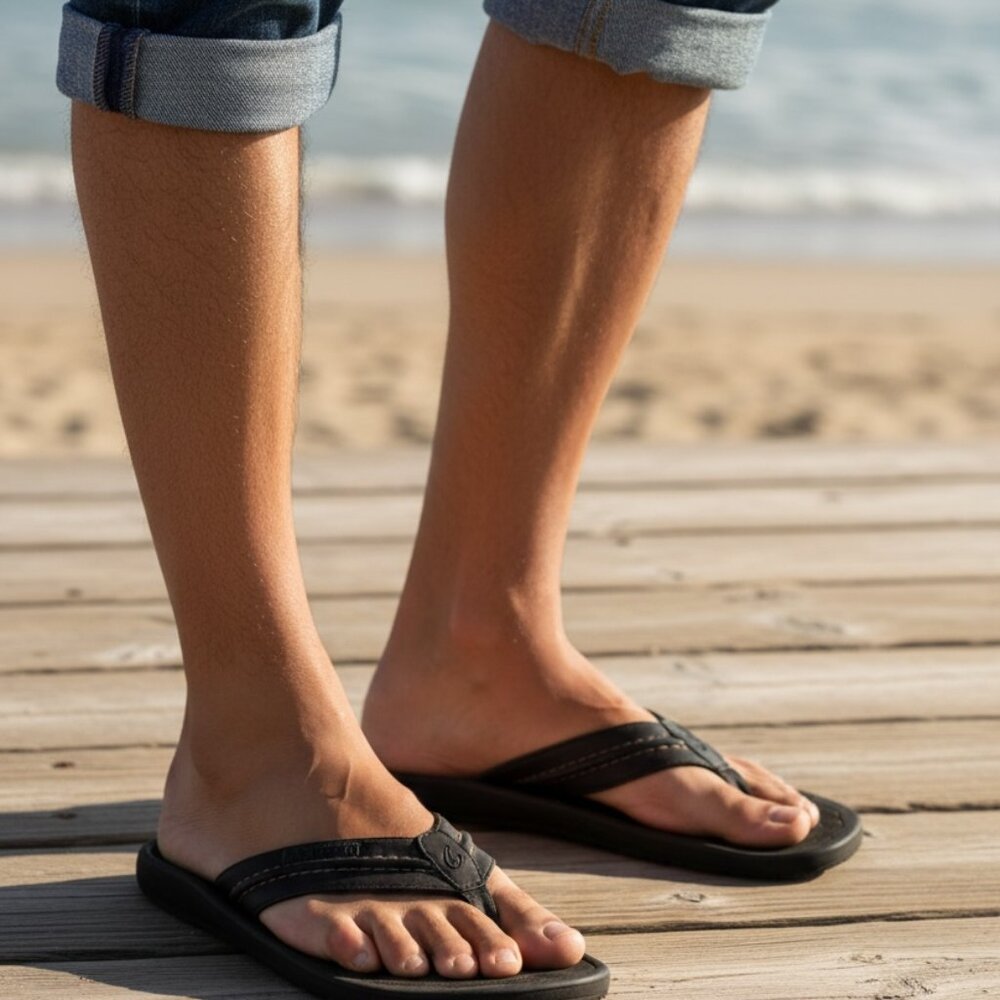 OLUKAI HOKUA Men's Flip Flop SANDALS  Dark Blue Gold Stitching Size 12